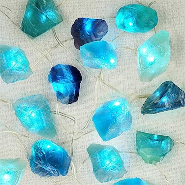 BOHON Natural Fluorite String Lights Battery Operated with Remote Sea Glass Raw Stones Decorative Lights 65ft 20 LEDs for Bedroom Party Indoor Christmas Wedding Decor