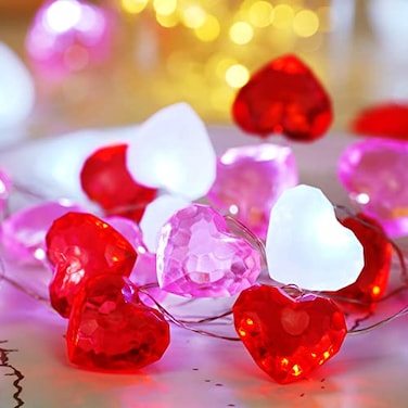 BOHON Valentine Day Decor 10 ft 30 LEDs 3D Heart Lights Red White Pink Fairy String Lights with Remote Battery Operated Valentines Decorations for the Home Bedroom Garland Wedding Indoor Timer