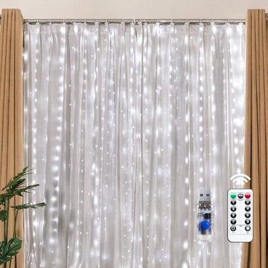 Brightown 300 LED Fairy Curtain Lights 98ft x 98ft String Lights USB Plug in 8 Lighting Modes Christmas String Hanging Lights with Remote for Bedroom Indoor Outdoor Party Xmas White 1 Pack