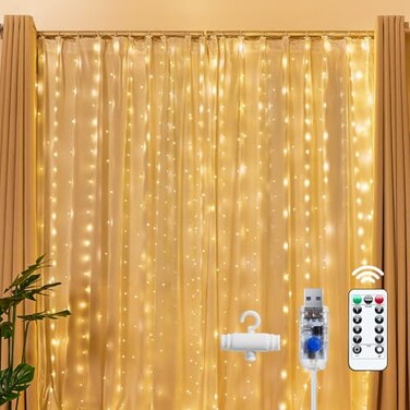 Brightown 300 LED Fairy Curtain Lights 98ft x 98ft Warm White Curtain String Lights USB Plug in 8 Lighting Modes Christmas Decoration Hanging Lights with Remote for Bedroom Indoor Weddings Dorm