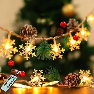 UZKEW Christmas Garland with Snowflake Lights 30 Led 10ft Battery Operated 8 Lighting Modes Timer Pine Cones Red Berry Garland Indoor Outdoor Office Decor Xmas String Light Mantle Decorations Warm Whi