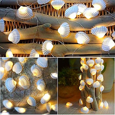 Decorman Natural Seashell String Lights 132ft 40 LED 8 Modes Warm White Weatherproof Battery Operated Ocean Theme Lights for Bedrooms Parties Weddings Gardens with Remote and Timer Natural Shell