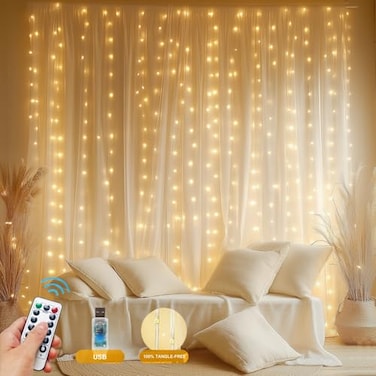 HOLITS Fairy Curtain Lights Upgraded TangleFree Warm White USB Plug in 8 Modes String Hanging Lights with Remote for Christmas Bedroom Indoor Outdoor Weddings Party 66FTx66FT