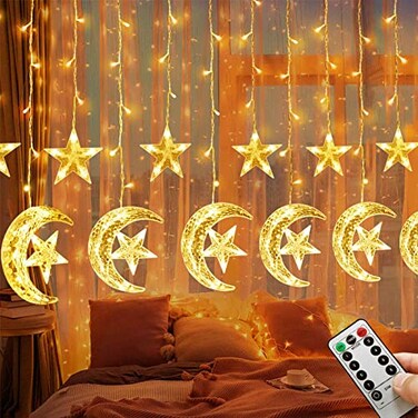 Homeleo Ramadan Decorations for Home138 LED Upgraded Extra Large Star Moon Curtain Lights for Kids Bedroom DecorUSB Powered 8 Modes Remote LED Fairy Lights for Ramadan Window Wedding Christmas Decor