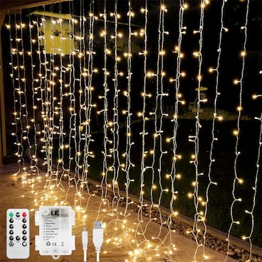 Lighting EVER LE Fairy Curtain Lights Battery Operated USB Plug in Remote 10 x 10 ft Hanging String Lights for Bedroom Wall 300 LED Indoor Outdoor Twinkle Lights for Wedding Party Backdrop Tent Patio