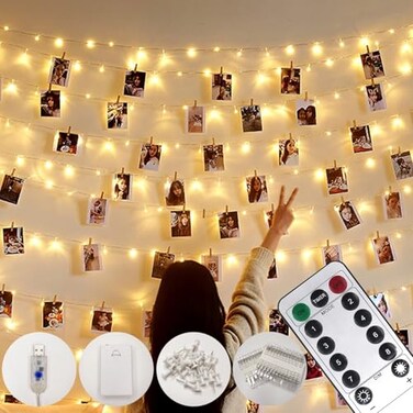 Microwear 33Ft Photo Clip String LightsUSB or Battery Powered8 Modes 100 LED 10M Hanging String Fairy Lights with RemoteDecoration for Bedroom Christmas Wedding Dcor