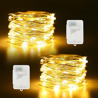 echosari Timer Fairy Lights Battery Operated 2 Pack 164Ft 50 LEDs Silver Copper Wire Twinkle String Lights with Timer 5 Lighting Modes for Christmas Bedroom Wedding Parties Holiday Decorations Warm Wh