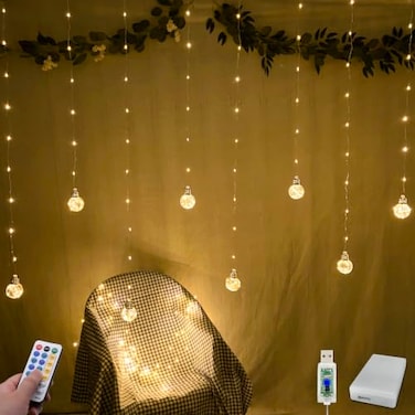 YOLIGHT Wishing Ball Curtain Lights 200 LED Window Curtain String Lights with Remote USB Battery Powered Twinkle Globe Fairy Lights for Wedding Party Bedroom Christmas Decoration Warm White