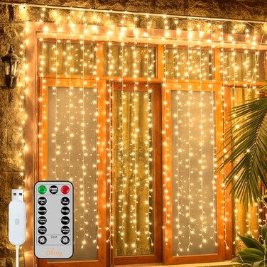 Ollny Curtain Lights 66x66ft 200 LED String Lights with Remote 8 Modes Dimmable Timer USB Power Fairy Light for Bedroom Backdrop Indoor Wall Window Christmas Decorations Warm White