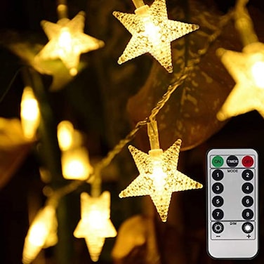 Homeleo Warm White 50 Led Star Fairy Lights with Remote Control Battery Powered FivePointed Star String Lights