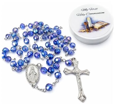 Westmon Works Boys First Holy Communion Rosary Set Blue Faceted Beads Metal Chalice Centerpiece and Crucifix Catholic Gift with Keepsake Storage Box