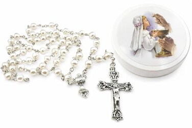 Westmon Works Girls First Communion Rosary with Glass Beads and Crucifix Catholic Prayer Necklace Gift Set with Chalice Centerpiece and Keepsake Case