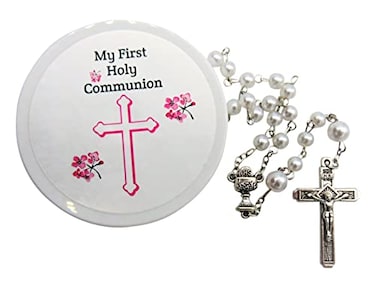 Westmon Works First Communion Rosary White Glass Bead Catholic Deluxe Set with Case for Ladies