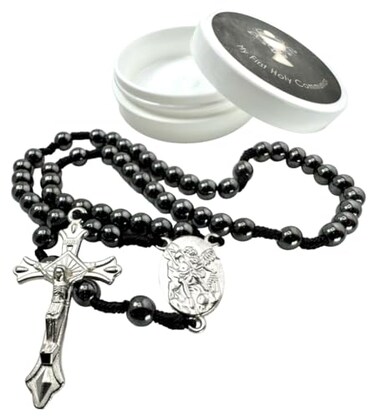 Westmon Works First Holy Communion Rosary Hematite Bead and Saint Michael Centerpiece Catholic Deluxe Set with Matching Case