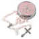 HanlinCC 6mm Pink Color Glass Pearl Prayer Beads First Communion Rosary with Chalice Center Piece and Crucifix in AntiSilver Plated Pack in Holy Cup Metal Gift Box