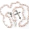 HanlinCC 6mm Pink Color Glass Pearl Prayer Beads First Communion Rosary with Chalice Center Piece and Crucifix in AntiSilver Plated Pack in Holy Cup Metal Gift Box