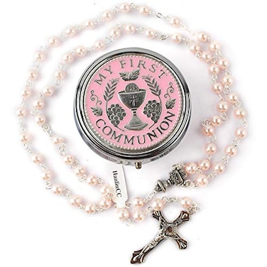 HanlinCC 6mm Pink Color Glass Pearl Prayer Beads First Communion Rosary with Chalice Center Piece and Crucifix in AntiSilver Plated Pack in Holy Cup Metal Gift Box