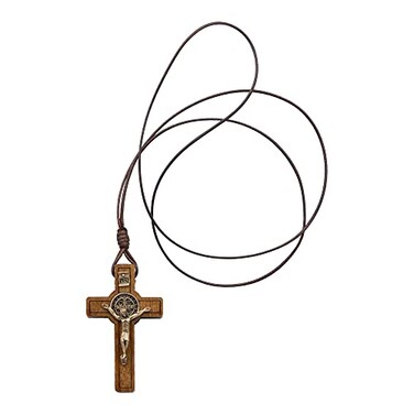 Intercession Wooden Crucifix on Cord Made in Brazil St Benedict 2in