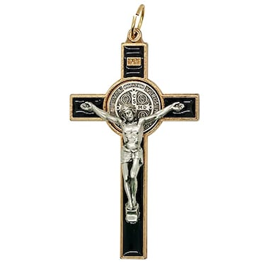VILLAGE GIFT Saint Benedict Medal Crucifix Patron Saint of Students and Europe Includes Case and Cord Great Catholic Gift for First Holy Communion and Confirmation Black
