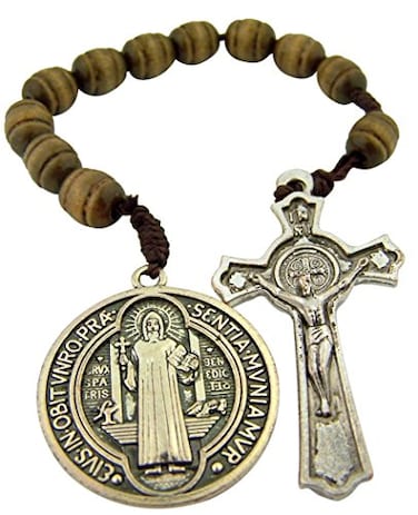 Religious Gifts Brown Wood Prayer Bead Pocket Rosary with Saint Benedict Medal and Crucifix 9 Inch