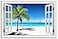 CHUSHU ART Beach Pictures Wall Art Decor for Living Room Blue Ocean Painting for Bedroom White Window Frame Style Palm Trees Canvas Wall Blue Coastal Landscape Artwork for Bathroom Home Office Decorat