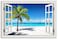 CHUSHU ART Beach Pictures Wall Art Decor for Living Room Blue Ocean Painting for Bedroom White Window Frame Style Palm Trees Canvas Wall Blue Coastal Landscape Artwork for Bathroom Home Office Decorat