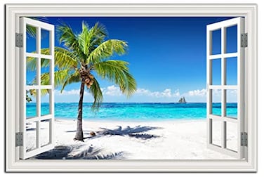 CHUSHU ART Beach Pictures Wall Art Decor for Living Room Blue Ocean Painting for Bedroom White Window Frame Style Palm Trees Canvas Wall Blue Coastal Landscape Artwork for Bathroom Home Office Decorat