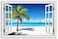 CHUSHU ART Beach Pictures Wall Art Decor for Living Room Blue Ocean Painting for Bedroom White Window Frame Style Palm Trees Canvas Wall Blue Coastal Landscape Artwork for Bathroom Home Office Decorat