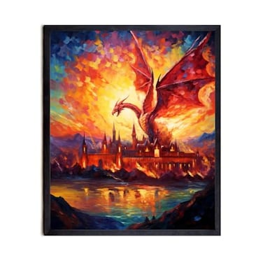 Bestbuddy Pet 8X10 Unframed Starry Night Inspired Dragon Blasting Fire over Medieval Castle Ancient Legend Tale Oil Painting Art Print Poster Wall Decor AP230