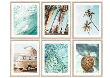 EVPYXFUT Set of 6 Tropical Beach Canvas Wall Art Surf Poster Summer Ocean Coastal Pictures Turtle Print Palm Tree Surfboard Gallery Paintings Nautical Bus Wall Decor for Bedroom Bathroom Unframed