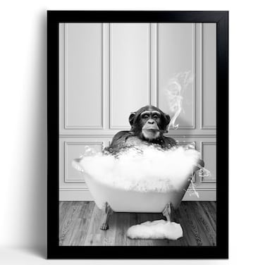 calmart Monkey in Tub Black and White Animals Wall Art Framed Canvas Wall Art Black Framed Picture for Bathroom Wall Decor Chic Animal Art for Kid Room Wall