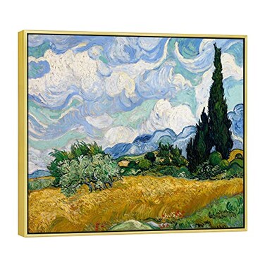Wieco Art Framed Wall Art Canvas Prints of Wheat Field with Cypresses by Van Gogh Paintings Reproduction Abstract Artwork for Wall Decor Golden Frame
