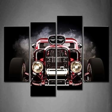 First Wall 4 Panel Wall Art Hot Rod with Smoke Background On Black Painting The Picture Print On Canvas Car Pictures for Home Decor Decoration Gift Piece