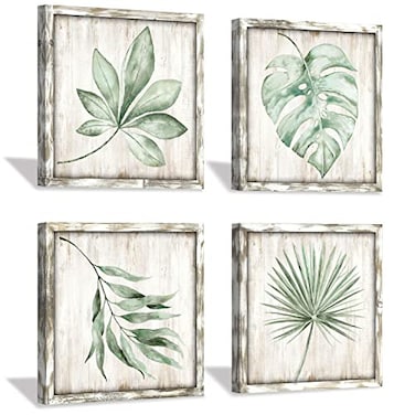 Hardy Gallery Green Leaves Prints Wall Art Rustic Wooden Background Palm Tree Leaf Simple Life Painting for Bathroom Wall Decor 12 X 12 X 4