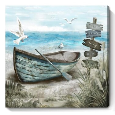 amatop Bathroom Wall Art Coastal Dcor Nautical Boat on Beach Canvas Picture Ocean Seagull Seascape Canvas Print Sea Bird Farmhouse Artwork for Seashore Bedroom Living Room Small Square Blue Teal 14x14