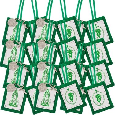 Needzo WoolBacked Green Scapulars Catholic Dual Paneled Scapular with Image of The Pierced Heart and Our Lady with Silver Tone Medals 1725 Inches 12 Pack