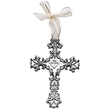 Cathedral Art Bless This Child White Ribbon Baby Cross 5Inch High Silver