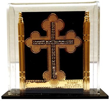 Purpledip Gold Leaf Celtic Cross in Transparent Case for Home Altar or Car 11768