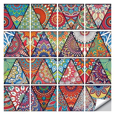 Jacklove 16 Pcs 6x6 in Mandala Style Decorative Tile Stickers Peel and Stick Self Adhesive Removable Tiles Backsplash Waterproof Kitchen Bathroom Furniture Staircase Home Decor Wall Sticker MZ274