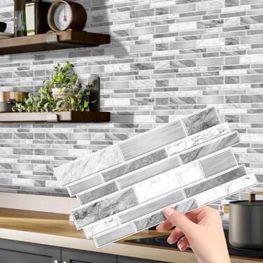 Alwayspon 12 Pcs Peel and Stick Backsplash Vinyl Marble Tile SelfAdhesive Tile Transfer Sticker Stick on Tiles for Kitchen Bathroom 968x472inch246x12cm White Gray Silver Marble Effect
