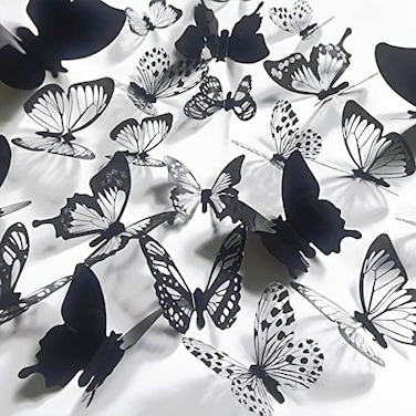 Ewong 3D Butterfly Wall Decor 66Pcs Black Butterfly Decoration Party Cake Decorations Removable Waterproof Wall Decal Birthday Home Room Decor Bathroom Bedroom Sticker Murals