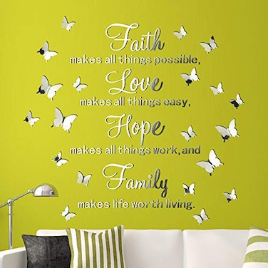 Zonon 3D Acrylic Mirror Wall Decor Stickers Removable Butterfly Mirror Wall Stickers DIY Faith Makes All Things Possible for Home Office School Teen Dorm Room DecorationSilver