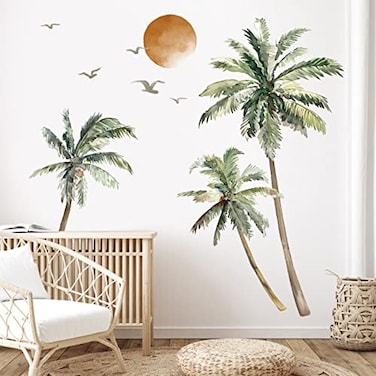 wondever Boho Palm Tree Wall Stickers Large Tropical Tree Sunset Peel and Stick Wall Art Decals for Living Room Bedroom TV Background H 638 inch