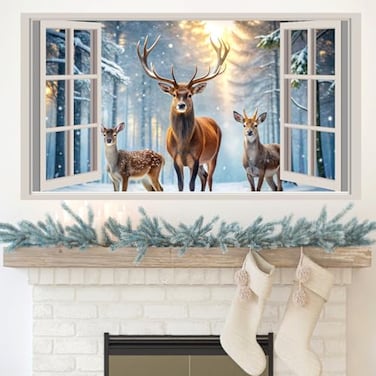 kokolap Winter Forest Wall Stickers 3D Fake Window Wall Decal Nature Landscape Faux Windows Wall Sticker Decor Peel and Stick Sunshine Snow Deer Wall Art Murals for Living Room Kitchen Office Home Dec