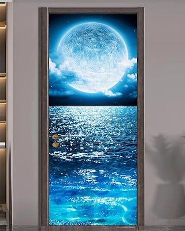 FLFK Door Sticker Door Mural Peel and Stick Removable SelfAdhesive Ocean Moon Wallpaper for Home Decor 303 W x 787 L Set of 2 Sheets