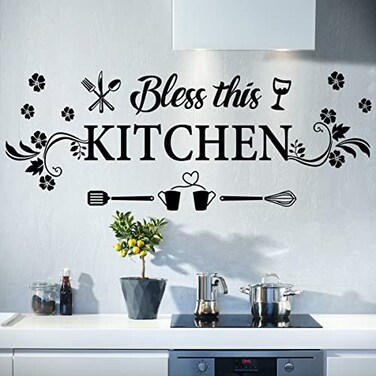 CASADECOR Kitchen Quotes Wall Decor Sticker Bless This Kitchen Decals With Flower Art Removable DIY Vinyl Stickers for Dining Baking Room Bar Restaurant Home Decor