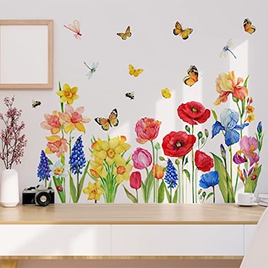 Yovkky Garden Flowers Wall Decals Stickers Spring Summer Floral Daffodil Iris Home Bedroom Decor Butterfly Dragonfly Living Room Kitchen Decorations Art