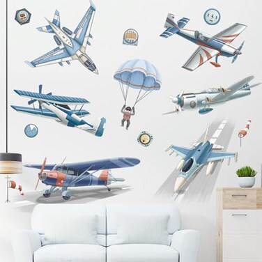 BWLuonan Cartoon Airplane Wall Decals Fighter Jets Parachute Wall Stickers for Kids Playroom Bedroom