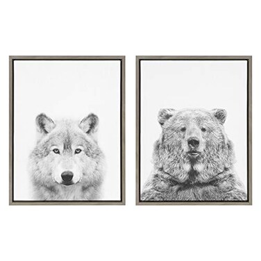 Kate and Laurel Sylvie Wolf and Bear Framed Canvas Wall Art Set by Simon Te of Tai Prints 18x24 Gray Animal and Nature Home Decor