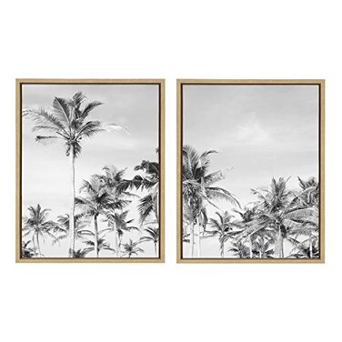 Kate and Laurel Sylvie Coastal Coconut Palm Tree Beach Framed Canvas Wall Art Set by The Creative Bunch Studio 2 Piece 18x24 Natural Chic Coastal Art for Wall